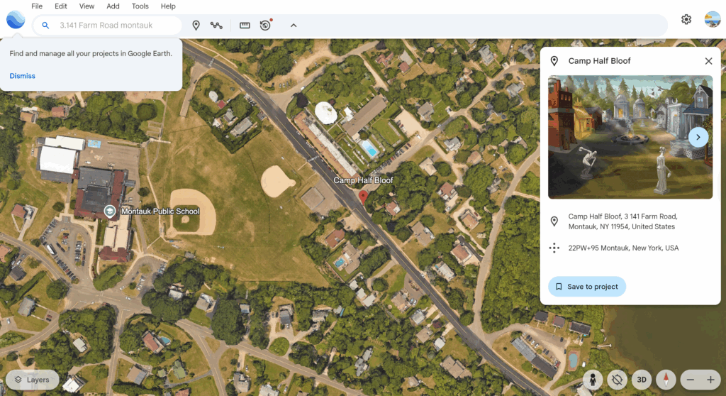 Google Maps Image of Montauk Long Island, where the location of Camp Half-Blood would be. Overlay image shows a fictional image of Camp Half Blood. Pre-Reading Activities blogpost by In Around the Middle